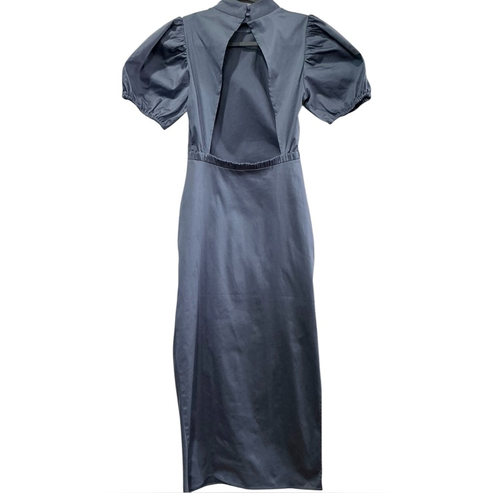 GESTUZ Sunnagz Open Back High Neck Side Slit Ruched Puff Sleeve Midi‎ Dress 2 - Picture 3 of 7